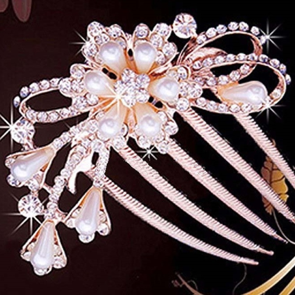 Rose Gold Crystal Pearl Bridal Hair Comb G…